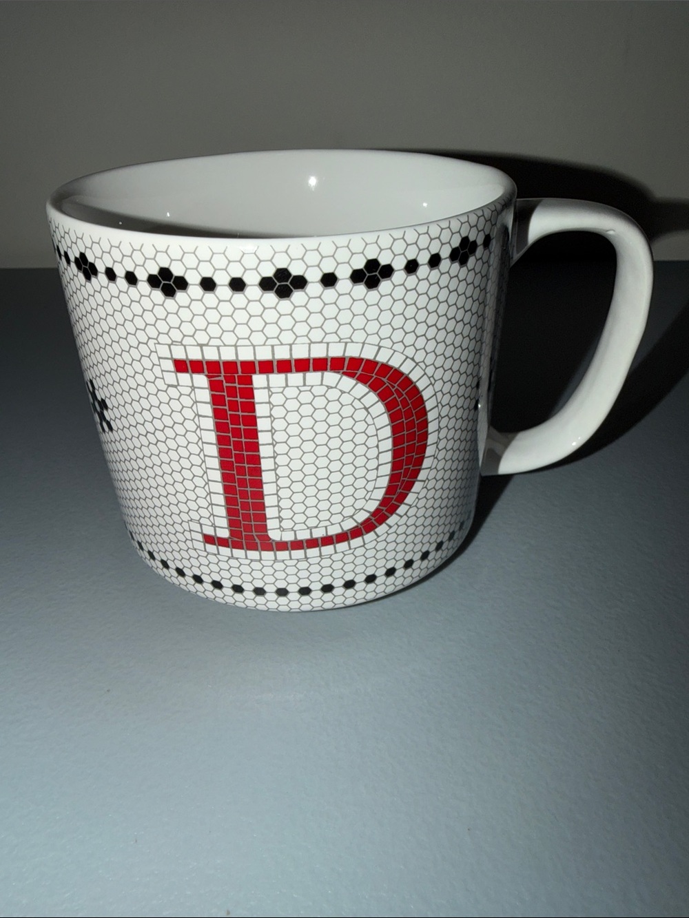 Bee & Willow Monogram Red D Ceramic Mug with Honeycomb Mosaic Pattern